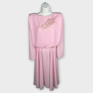 Vintage Pink Chiffon Floral Faux Pearl Applique Cocktail Party Dress Size 12